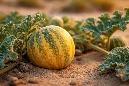 Macro shot of Citrullus colocynthis ripe fruit alongside stems and leaves growing on a sandy landscape