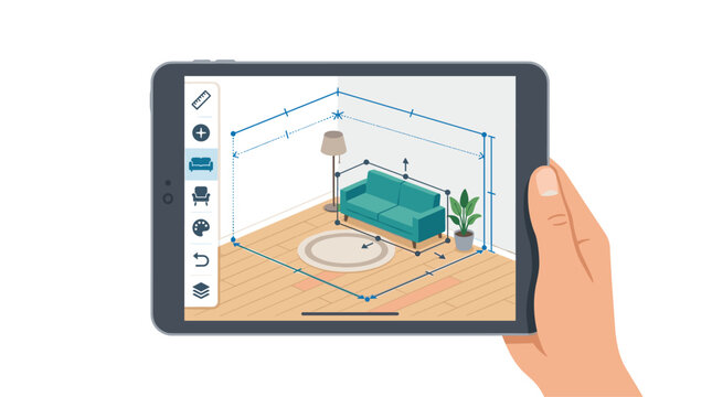 A person holds a tablet screen showing an interior design software interface that uses augmented reality to preview furniture placement within a virtual room space.