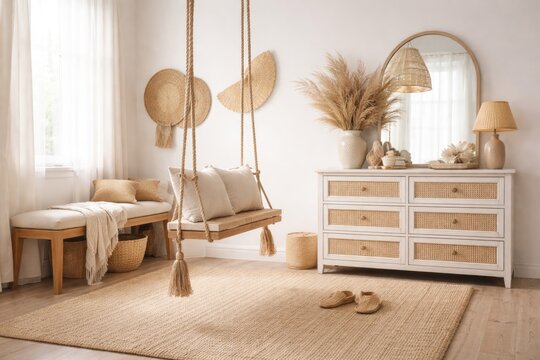White boho room with a bench and commode beside a swing, beige carpet flooring, and slippers