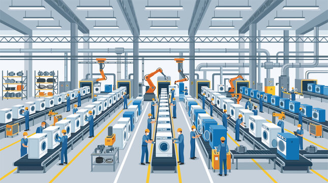 Automated industrial washing machine production facility with robotic arms and workers operating on a busy assembly line under bright overhead fluorescent industrial lighting.