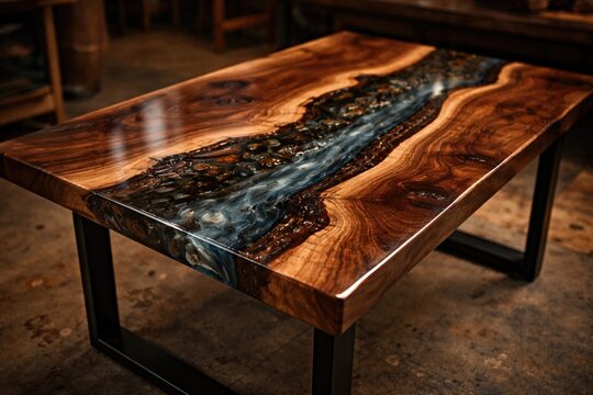 Wooden table crafted by hand with durable epoxy resin coating