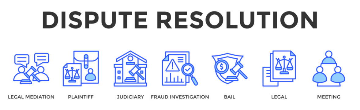 Dispute Resolution  Banner Web  Icon Set Collection Pack Vector Illustration Concept Containing Legal Mediation, Plaintiff, Judiciary, Fraud Investigation, Bail, Legal, Meeting