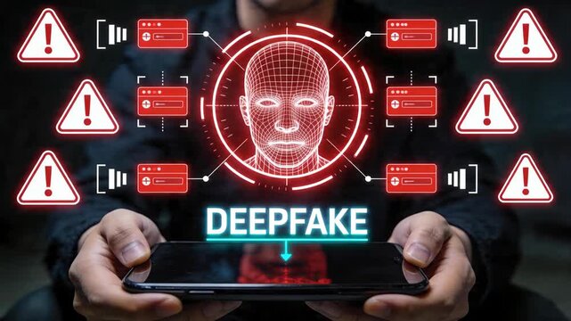 Deep fake detection warning on smartphone screen, concept of AI fraud, facial manipulation, identity verification and cybersecurity risk.