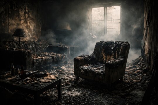 Smoke filled room with charred furniture and chair evidence in arson case