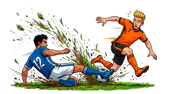 Two soccer players compete aggressively on the field in a match, one tackling other for ball