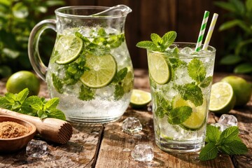 Fototapeta premium Classic lime and mint mojito drink with pitcher and glass on aged wooden background