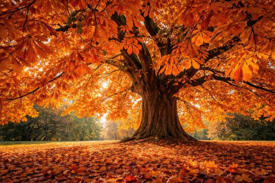 Lively orange horse chestnut leaves enveloping a grand conker tree
