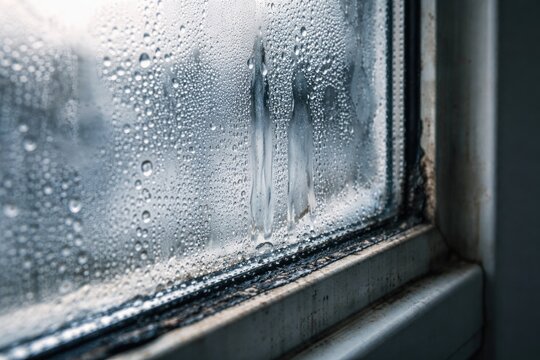 Macro shot of moisture condensation trapped between panes in double glazed window from home humidity in cold months with seal leak