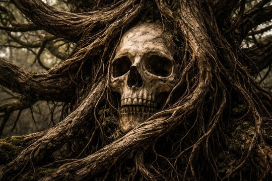 Imaginative design featuring a skull entangled by aged tree roots and sprawling branches