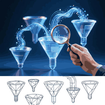 Generate a realistic kinds of deferent Abstract funnel with data stream and hand with magnifying on dark blue background. Digital internet wave or flow. Low poly wireframe vector art.
