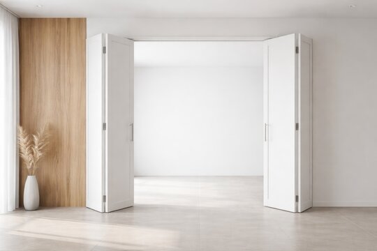 Minimalist white interior design with folding door open and copy space background accented by wooden wall