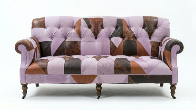 Eclectic patchwork sofa with a mix of leather isolated on white