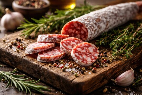 Traditional Spanish fuet sausage cut into slices with fresh herbs and spice mix on board