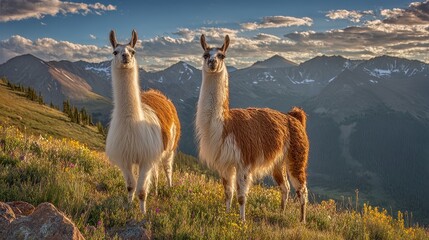 Fototapeta premium Cute llamas on a grassy ridge beneath a towering alpine range at golden hour