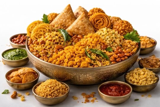 Traditional farsan snack collection showcased in a lively bowl against clean white background