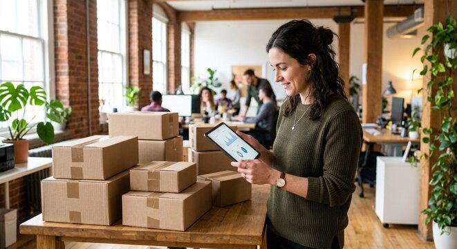 Operations manager reviewing fulfillment metrics beside packed sample boxes in a startup office