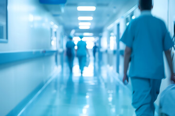 Fototapeta premium Interior view of a busy medical clinic hallway with blurred figures of healthcare professionals in blue scrubs walking, representing hospital daily routine, medical urgency and healthcare services.