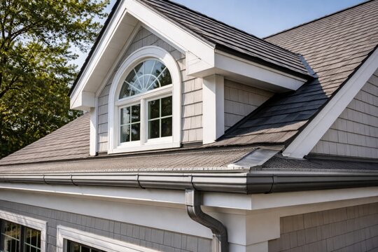 High-end single-family home attic with gutter guard system and gray fascia alongside white framing
