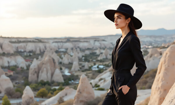 Woman hat fashion posing on a rocky outcrop wearing an elegant black outfit and wide brimmed hat in a scenic canyon