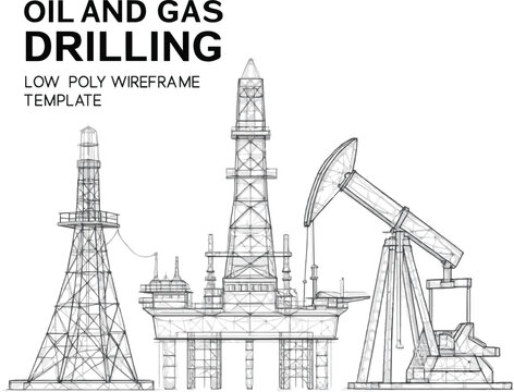 Generate a realistic kinds of deferent oil and gas drilling low poly wireframe banner template . Polygonal naphtha industry, earth mining, mineral resource extraction mesh dots. Vector art with white 