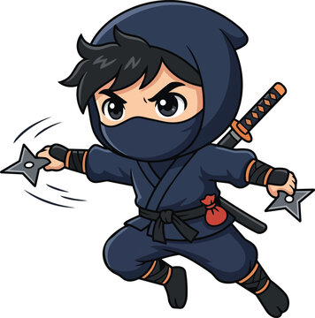A cartoon ninja character throws shuriken while wearing a blue outfit.