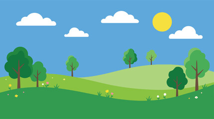 Sunny landscape with rolling hills trees and clouds in a serene natural scenery © Faisal