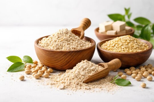White backdrop with yeast and soy powder and copy space emphasizing natural ingredients for nutrition