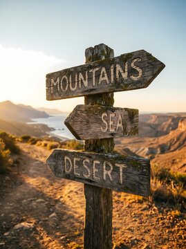 A rustic signpost points towards mountains, sea, and desert in a scenic landscape.