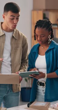 Logistics, box or people in office with tablet, package review or stock control in shipping. Collaboration, happy or suppliers with tech, inventory management or courier service in supply chain.