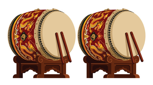 Dual traditional Chinese percussion instruments with ornate golden dragon patterns displayed on wooden stands against a plain white background in a studio setting.