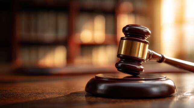Close-up of a gavel on a wooden desk with law books in the background