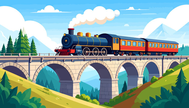 Vintage steam train crossing a stone bridge over a valley.