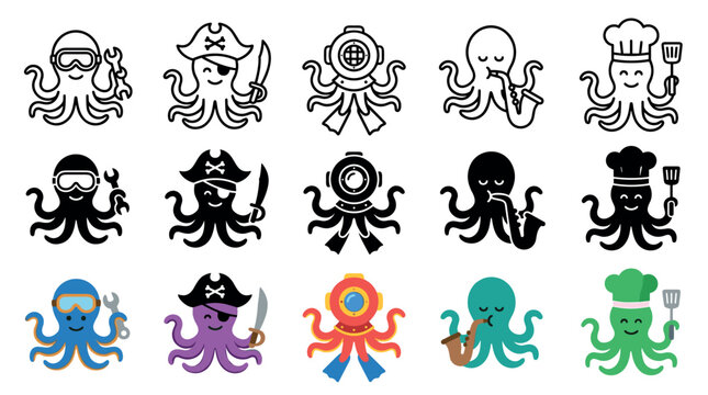Cute cartoon octopus characters in various professional roles, depicted in outline, solid, and colorful flat design styles, showcasing different occupations and hobbies.