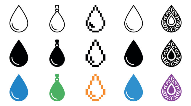Water drop icons set with various styles and colors representing liquid, purity, and hydration concepts in a modern graphic design collection.