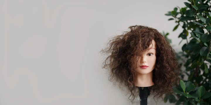 Training mannequin head with curly frizzy hair on a stand in a bright beauty salon. White wall background with ample copy space for text.