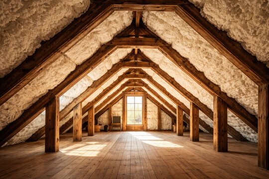 Sunlit attic interior featuring timber beams insulated thoroughly with white spray foam
