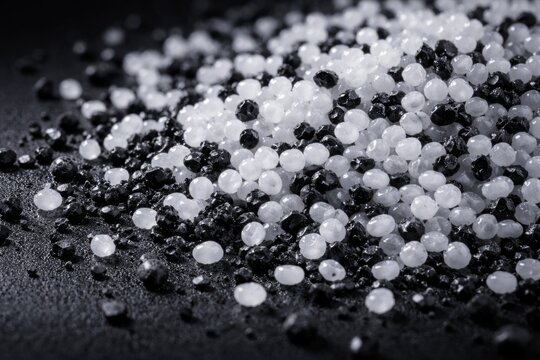 White synthetic granules made of polypropylene and rubber on black base