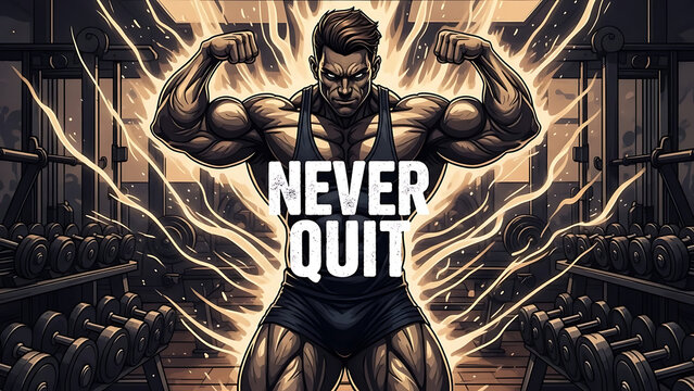 Muscular bodybuilder flexing in a gym with never quit motivational text