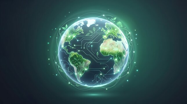 Sustainable global network and green computing concept. Glowing earth globe featuring circuit board paths growing into green leaves.
