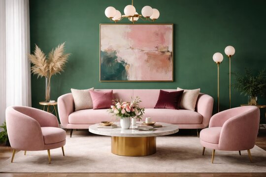 Stylish living room interior with pink seating and table set against a solid green wall backdrop