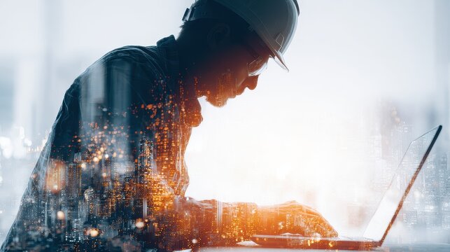 Electrical engineer using laptop for design (close up, focus on, copy space) vibrant screen and interface, double exposure silhouette with CAD.