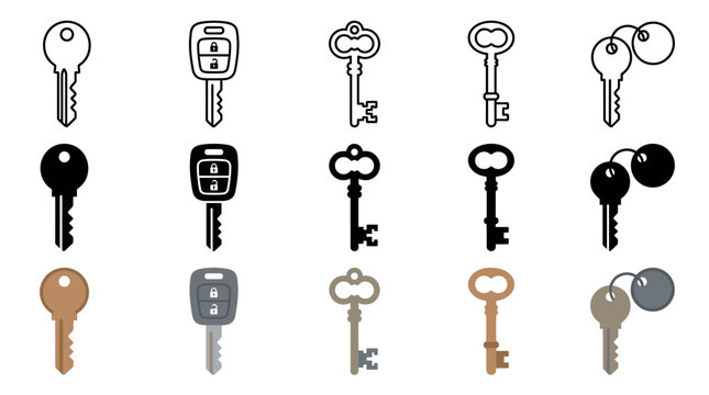 Various keys and key icons are displayed in a grid pattern, featuring modern, classic, and remote car key designs in multiple colors and outlines.