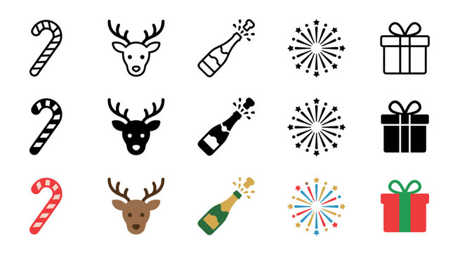 Holiday celebration icons set featuring festive symbols like candy canes, reindeer, champagne, fireworks, and gift boxes in various styles.
