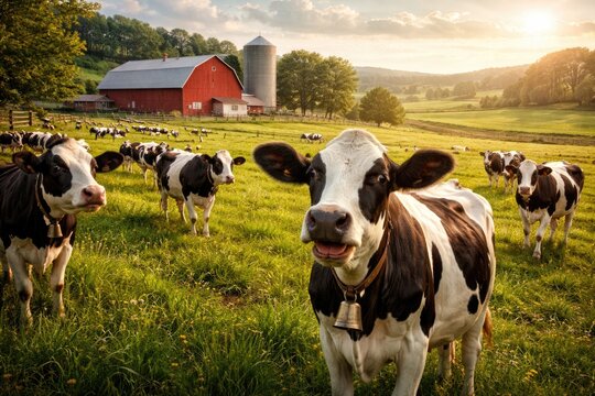 Lush farmland with joyful cows giving fresh milk