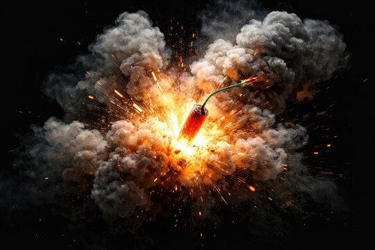 Powerful firecracker detonation emitting swirling smoke over intense black background