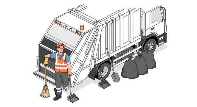 Sanitation worker with garbage truck and trash bags.