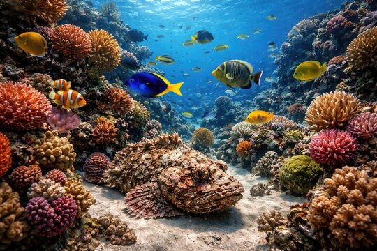 Reef environment with tropical fish diversity including stonefish species