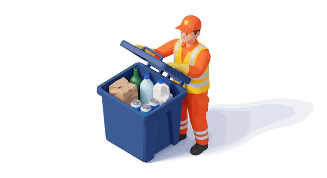 Miniature worker sorting recyclables in a blue bin.