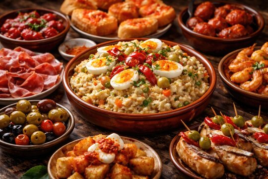 Spanish culinary tapas assortment with a flavorful ensaladilla rusa centerpiece