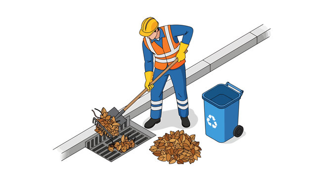 Worker cleaning debris from storm drain with shovel.